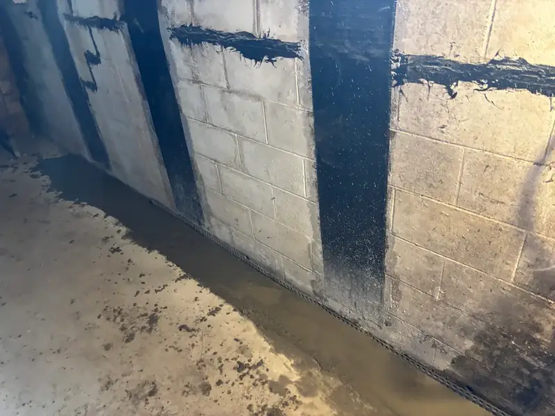 Block basement wall with black sealant over the cracks and joints