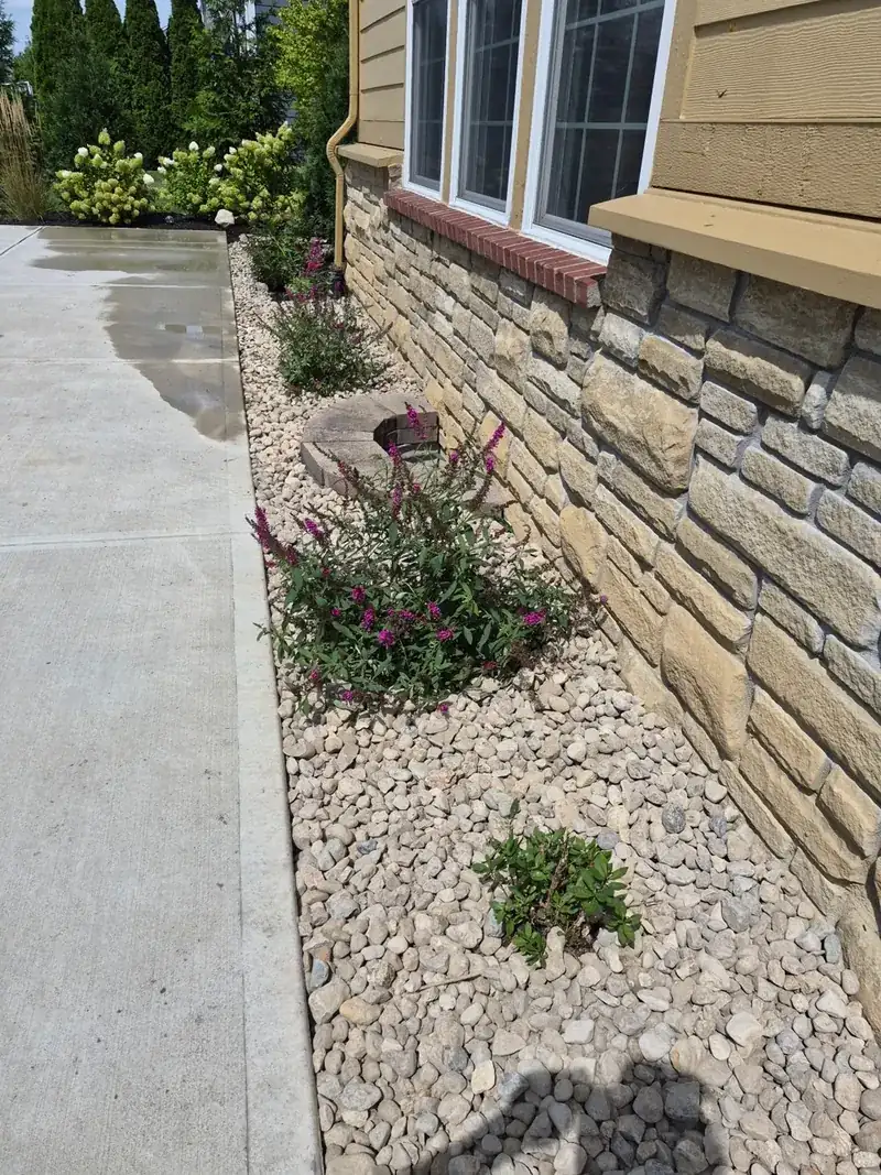 After: finished river rock bed along the concrete patio, with the plants left in place