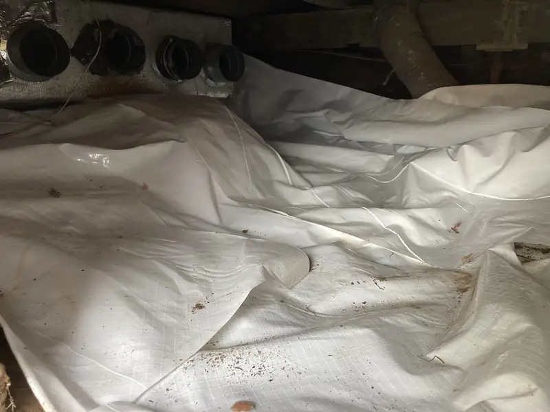 White vapor barrier covering a crawlspace floor