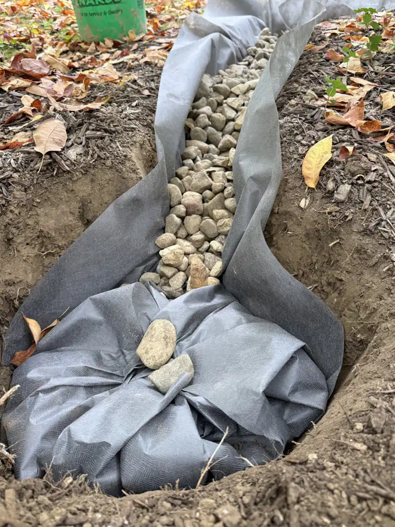 After: the fabric folded over the top of the dry well