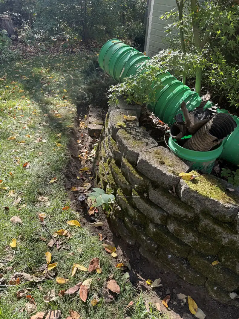 Trench dug by hand in the lawn along a stone retaining wall