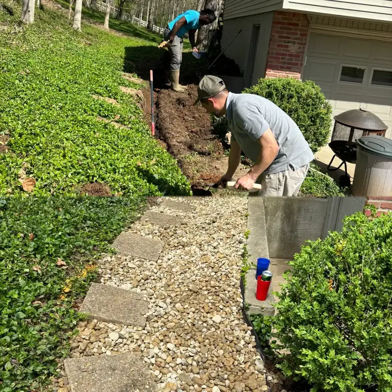 Crew setting stone pavers for a walkway tied into a new drainage line
