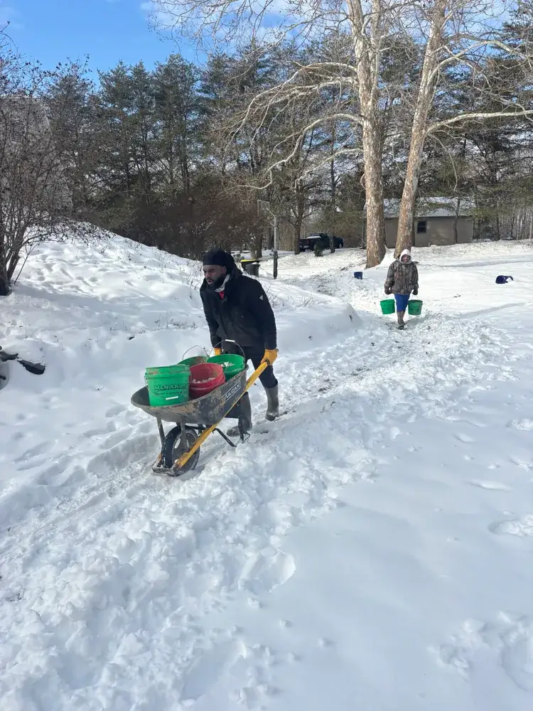 Crew pushing a wheelbarrow of buckets across a snow-covered yard