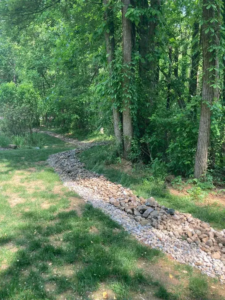 A rock-lined drainage channel cut through a wooded Bloomington lot, carrying water past exposed limestone